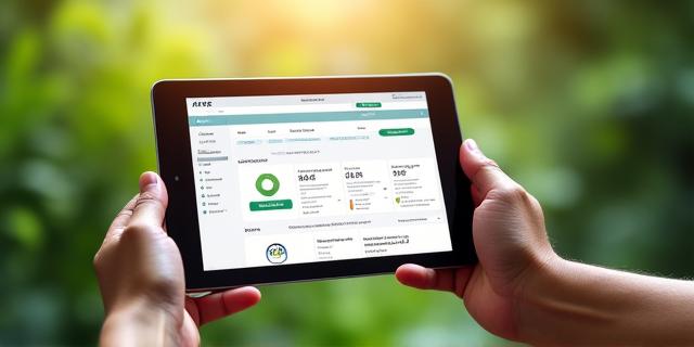 Close-up of hands holding a tablet displaying a Verdant Anchor program dashboard, with serene green foliage in the background.